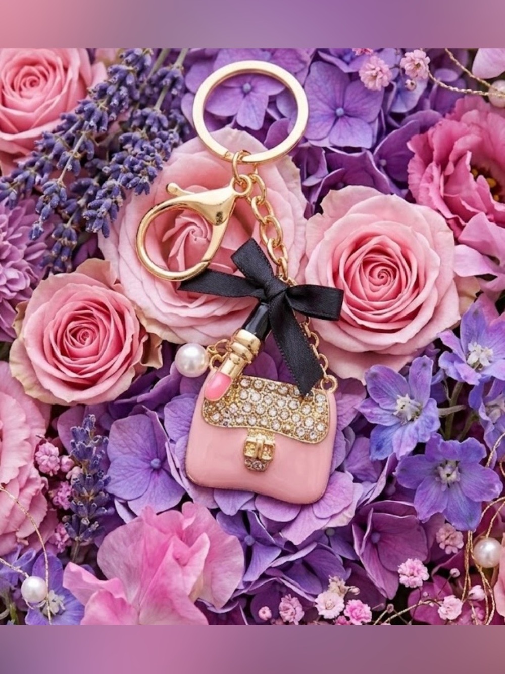 Gold & Pink Mini Purse Keychain with Black Bow